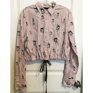 Cat print pink stripe button up crop shirt